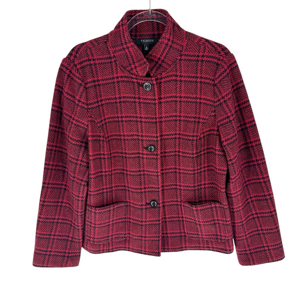 Talbots Jacket Womens 16 Red Black Plaid Wool Blend Blazer Classic Office Career